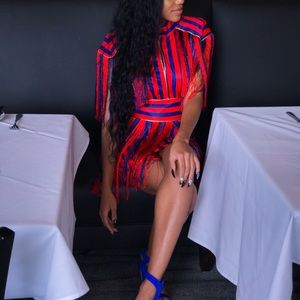 red + blue fringe dress